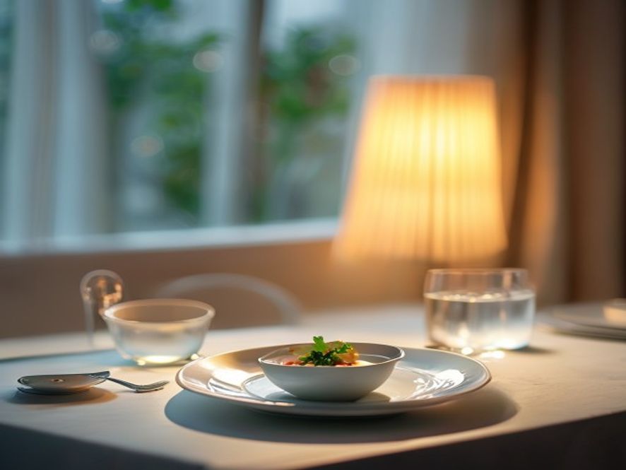 En lugn person äter en måltid vid ett bord med naturligt ljus