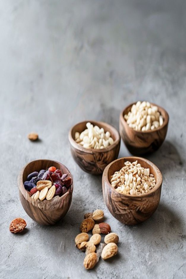 Naturliga ingredienser Frukt och nötter på ett keramik fat på en neutral bakgrund